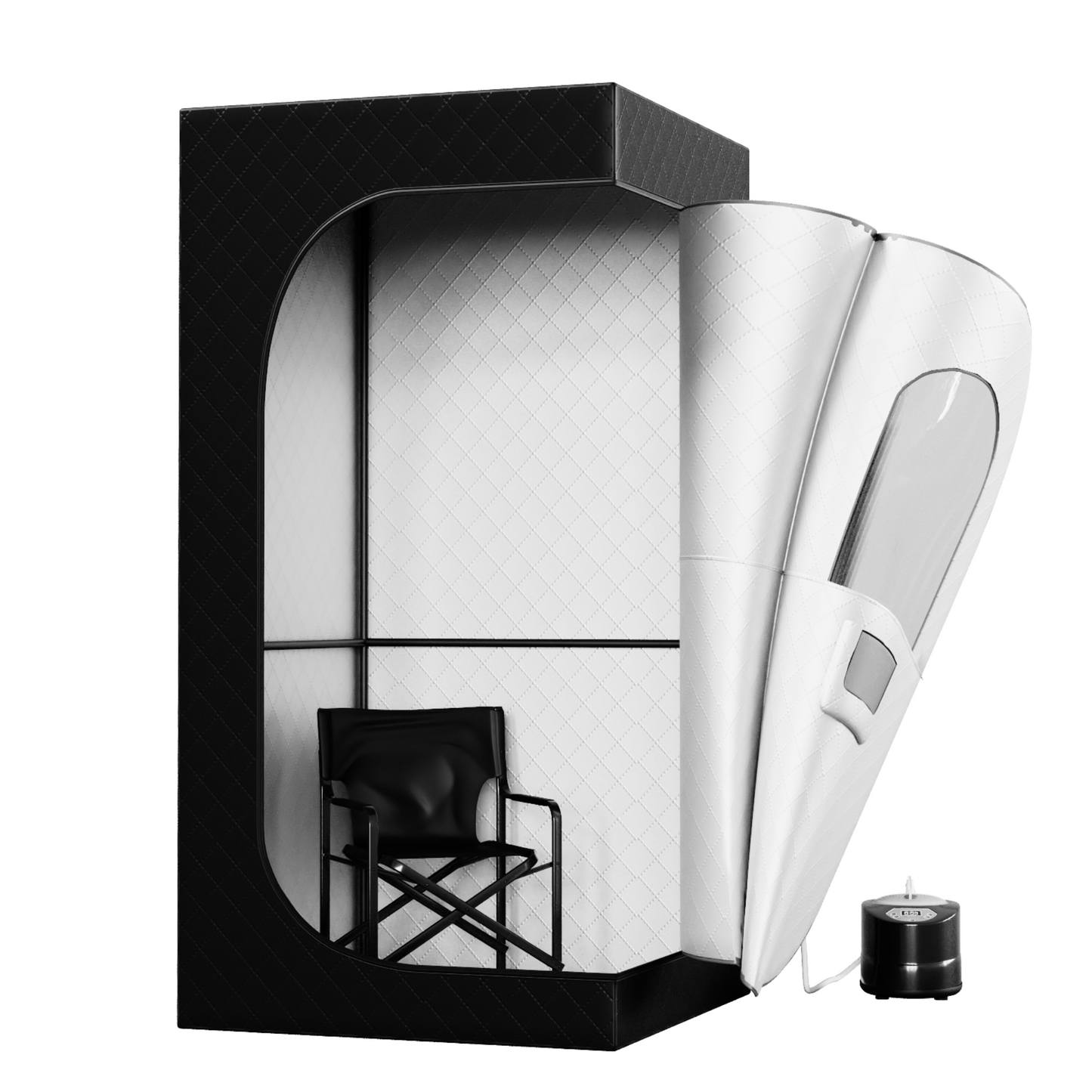 open portable sauna, front and opened